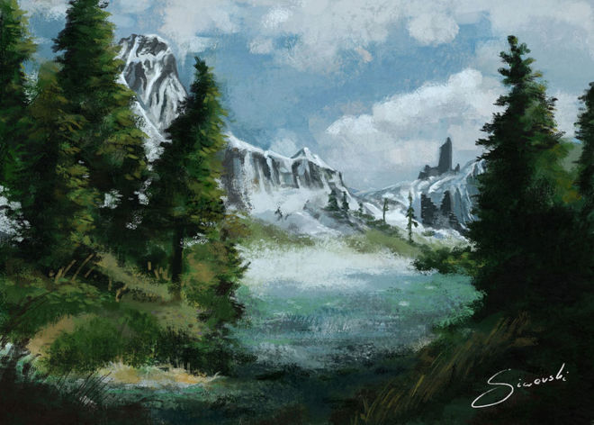 Illustration of forest in the mountains