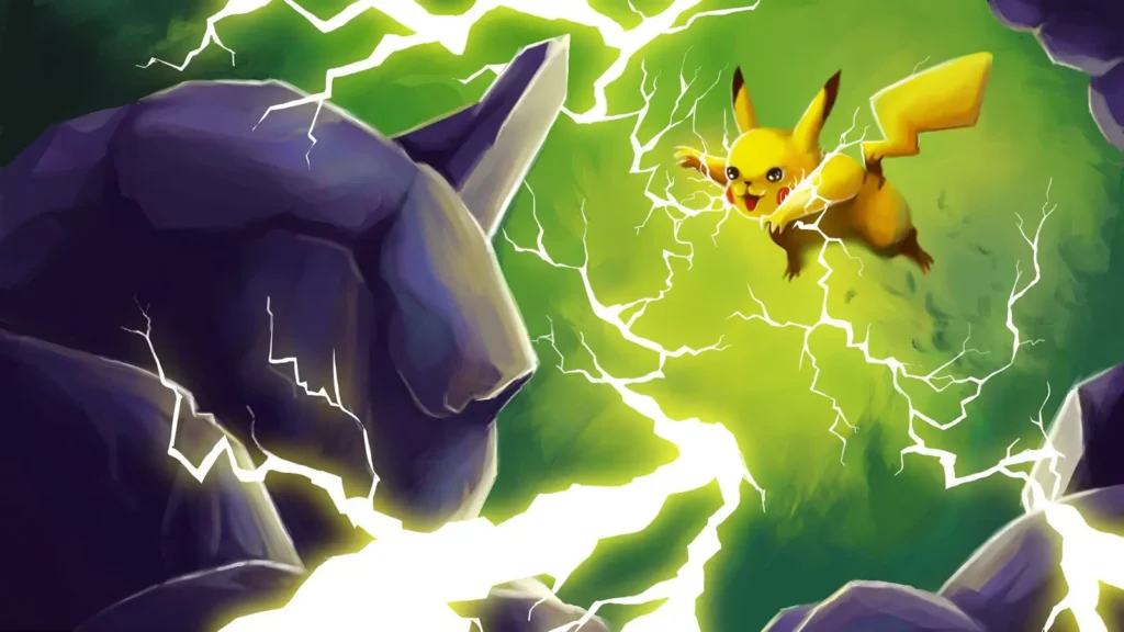Digital Illustration of two Pokémon fighting. In the background, Pikachu is mid-air, sending thunderbolts to Onix in the foreground.