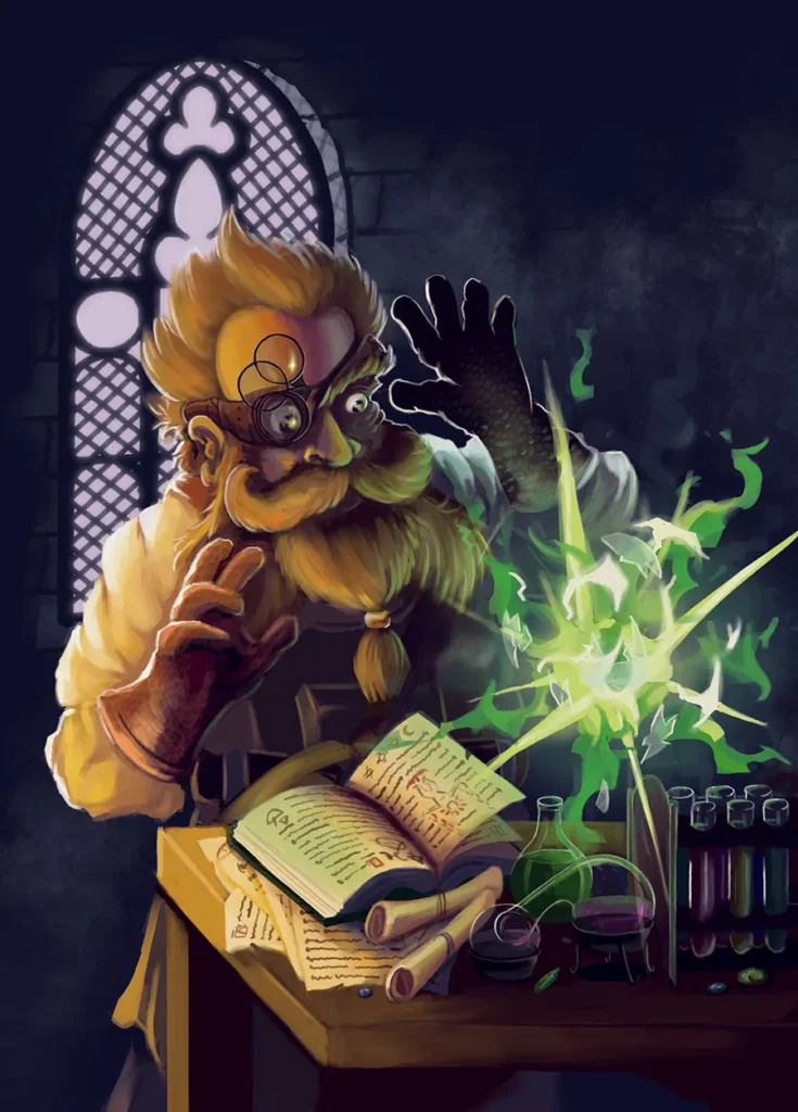 A Lovecraftian, long-beared dwarven alchemist during failed experiment with shocked expression looking on a green tinted explosion over the table filled with vials and books and scrolls.