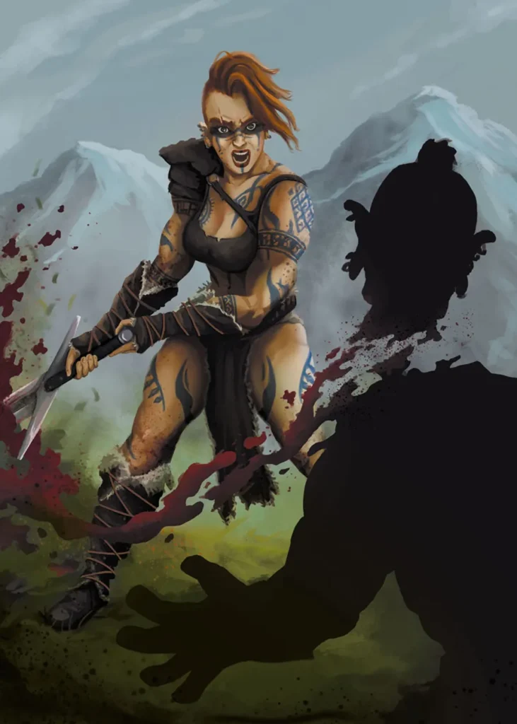 A fantasy painting of a female barbarian in a battle pose, attacking a shadow-figured humanoid foe in the foreground with a two-handed sword. Mountain rage in the distance.